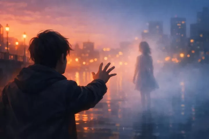 Symbolic illustration of someone watching their crush fade into the distance in a dreamy twilight setting
