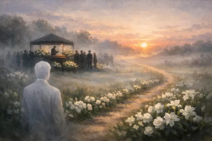 Symbolic illustration of a person witnessing their own funeral in a peaceful twilight setting with flowers and a path toward sunrise.
