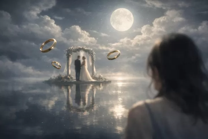 Symbolic dreamlike wedding scene showing someone watching their partner marry another person in the distance