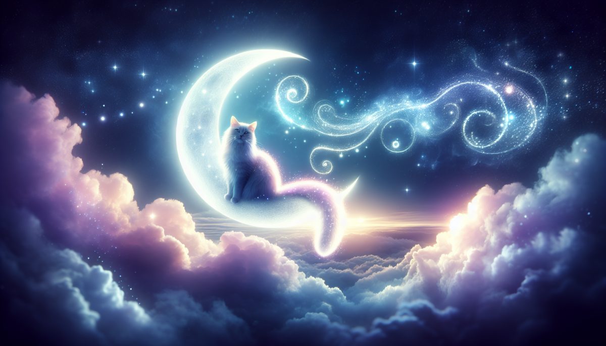 A mystical cat on a crescent moon in a dreamy night sky.