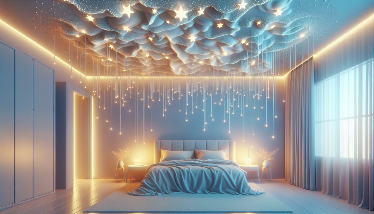 A dark bedroom ceiling opening with glowing stars pouring into the room.