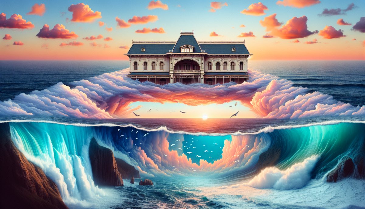 An artistic representation of an ocean merging with a ceiling, symbolizing dreams.