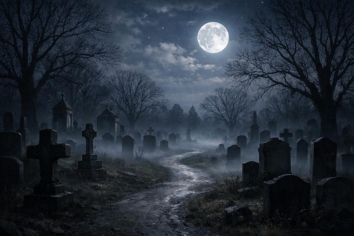 Moonlit cemetery at night with gravestones, mist, and a winding path