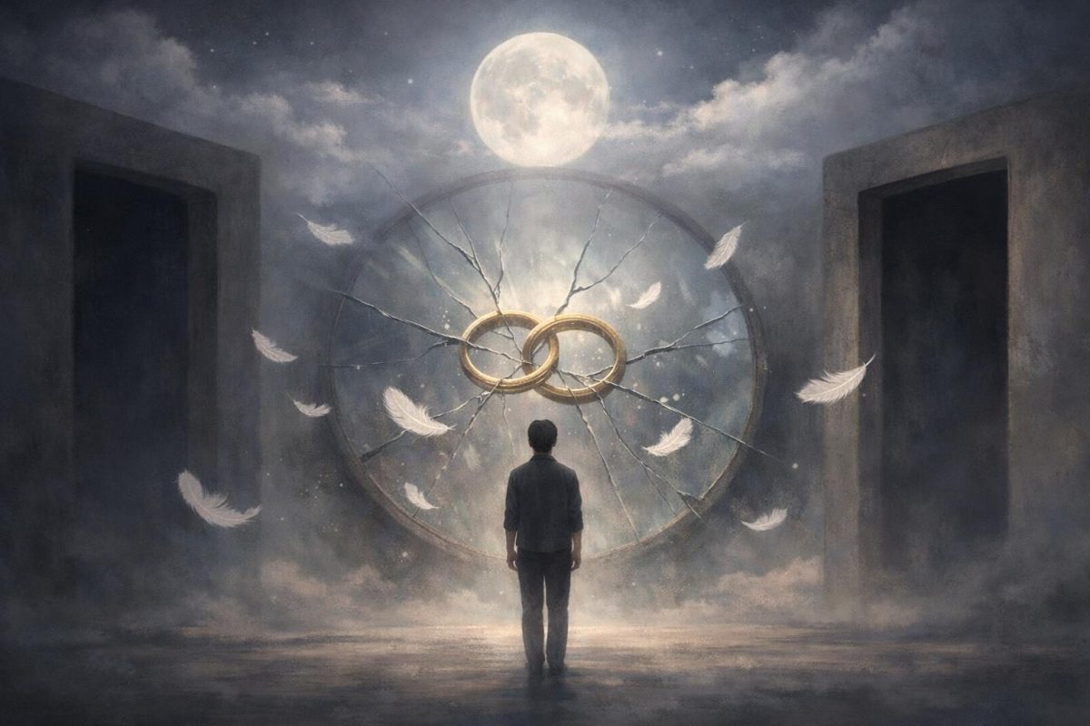 Symbolic dreamlike scene of a person between two doorways with a cracked mirror and rings under moonlight