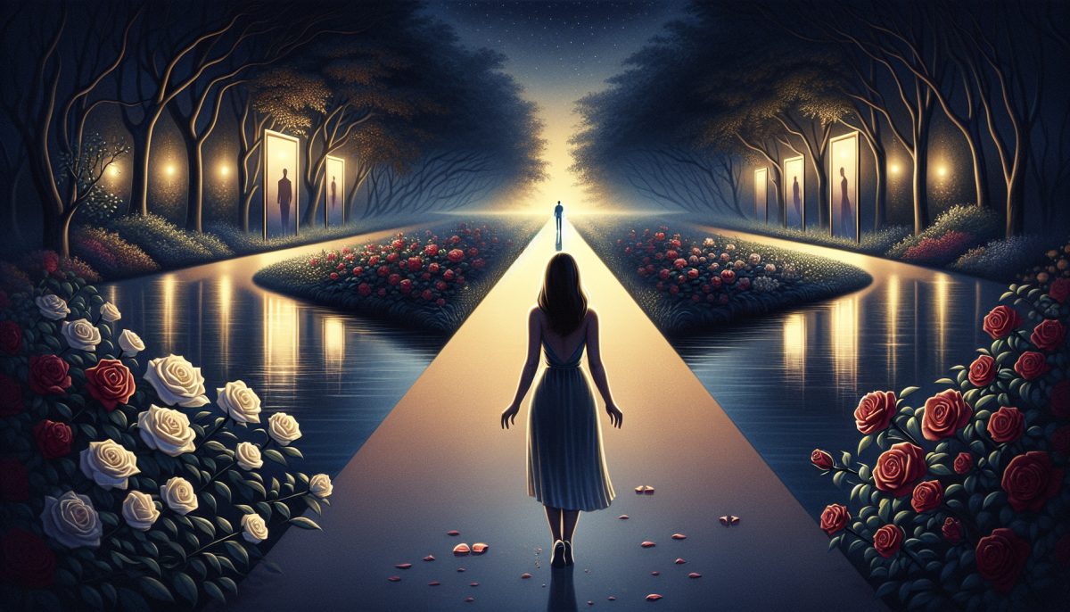 Symbolic illustration of a person between two paths with mirrors, roses, moonlight, and a distant partner figure