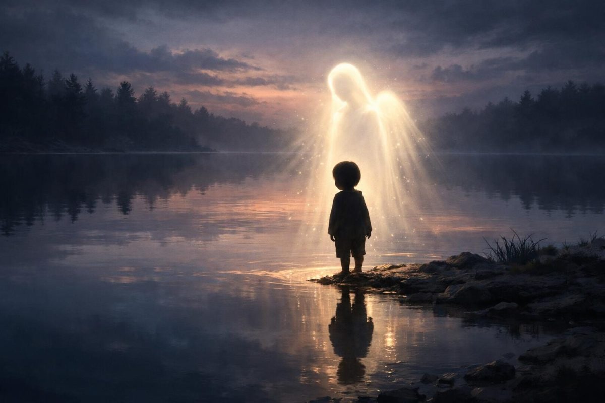 Symbolic illustration of a child figure near deep water under a protective light at twilight