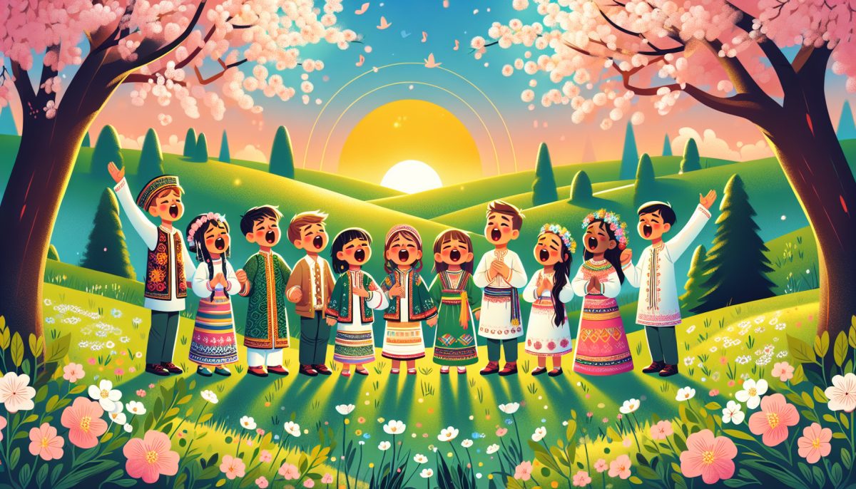 Children singing joyfully in a serene landscape