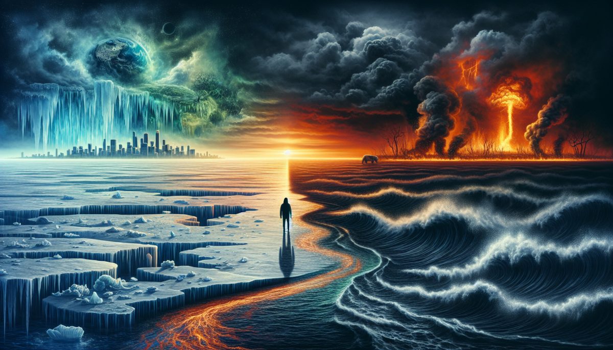 Symbolic illustration of a person facing storms, fire, melting ice, and rising water in an apocalyptic climate scene