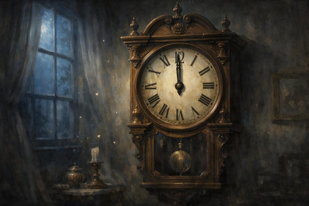 Symbolic illustration of a stopped wall clock in a moonlit room, representing paused time and reflection