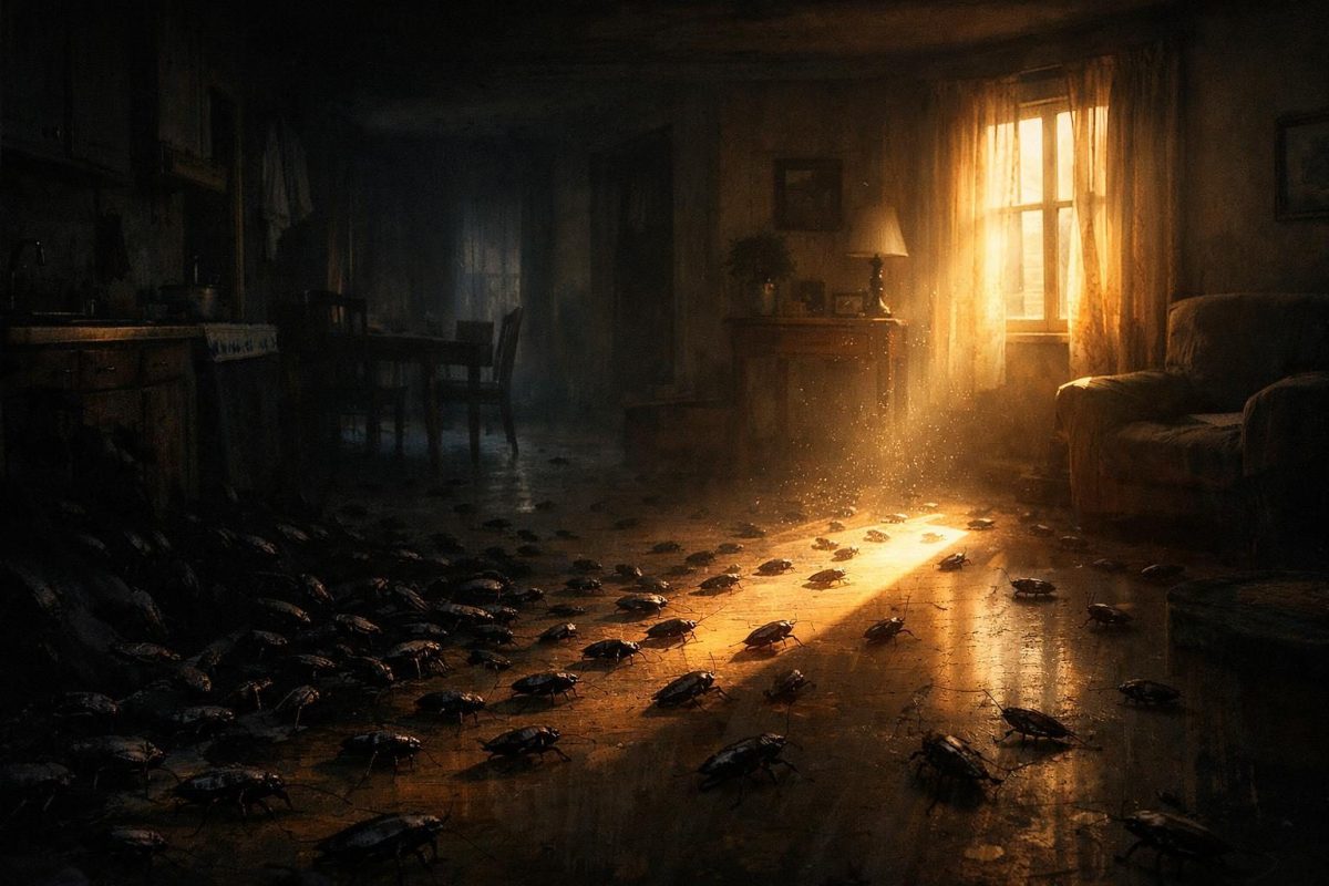 Symbolic illustration of a room with cockroaches everywhere and a beam of light suggesting awareness and renewal