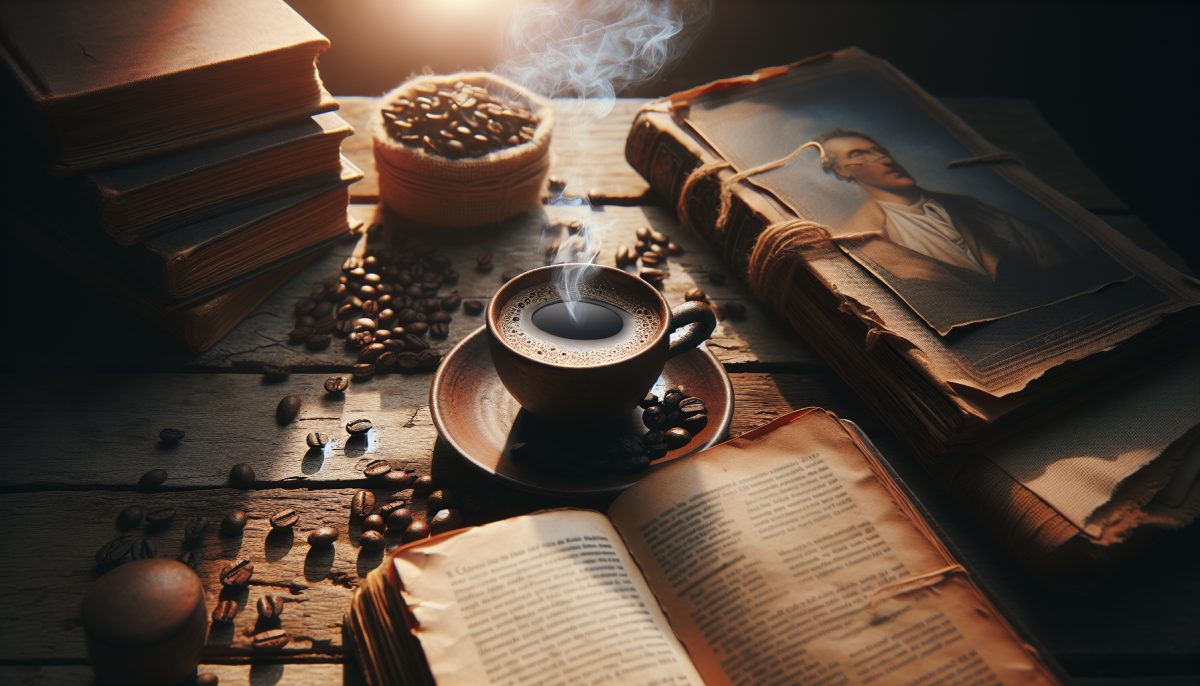 A steaming cup of coffee with coffee beans and a journal.