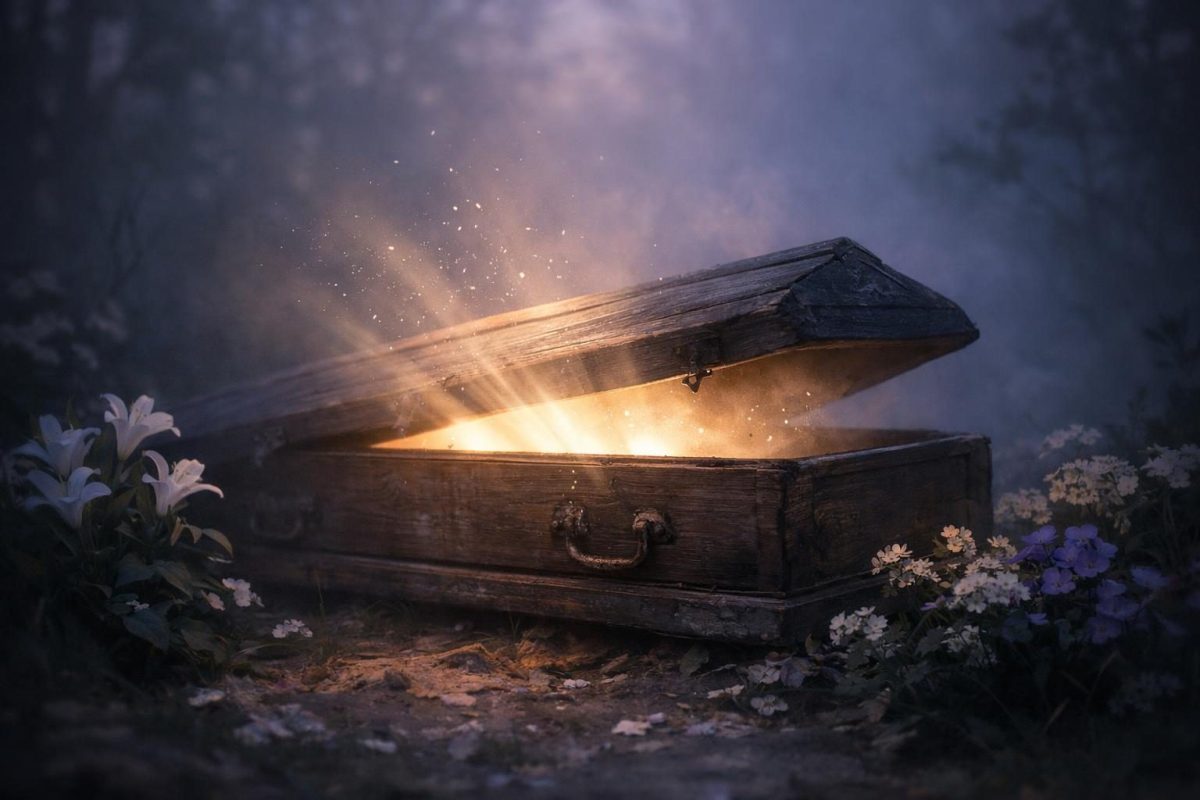 Symbolic illustration of a coffin opening softly in twilight with light shining out