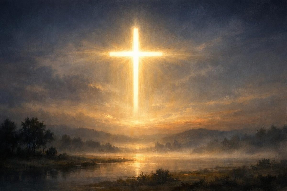 A glowing cross shining softly in a twilight sky above a calm landscape
