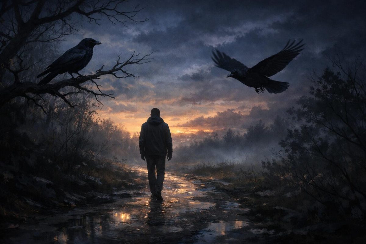 A symbolic illustration of a person walking at twilight with a crow following nearby.