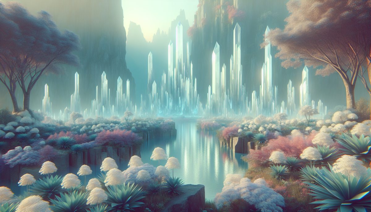 A tranquil scene of a forest with sparkling crystal trees and gentle light.