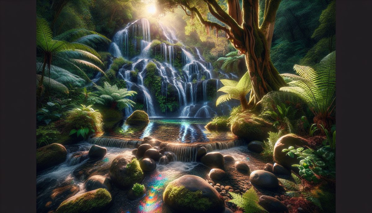 A tranquil crystal waterfall flowing through a vibrant forest
