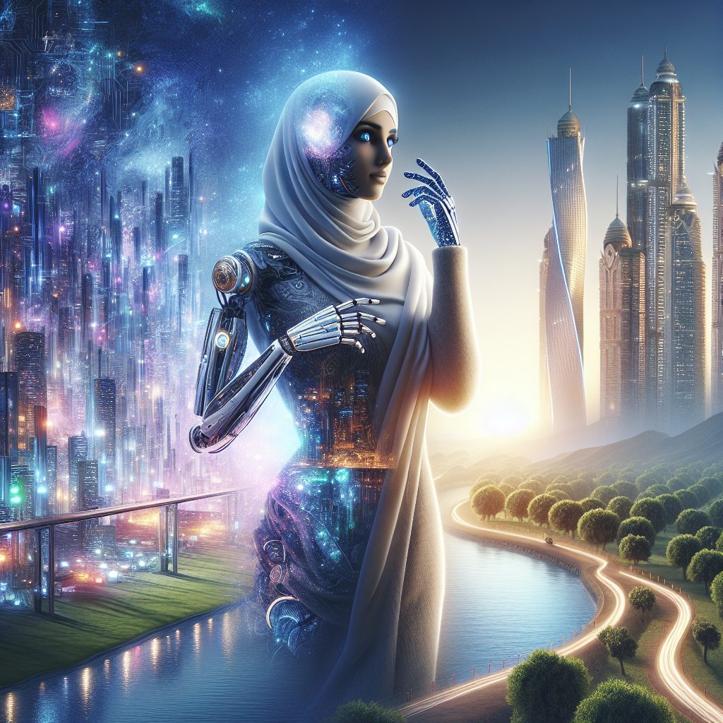 Symbolic illustration of a person with cyborg body parts in a dreamlike landscape between nature and technology