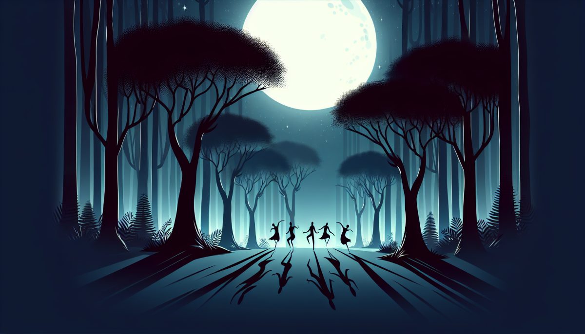 Illustration of ethereal shadows dancing under moonlight, symbolizing mystery and dreams.