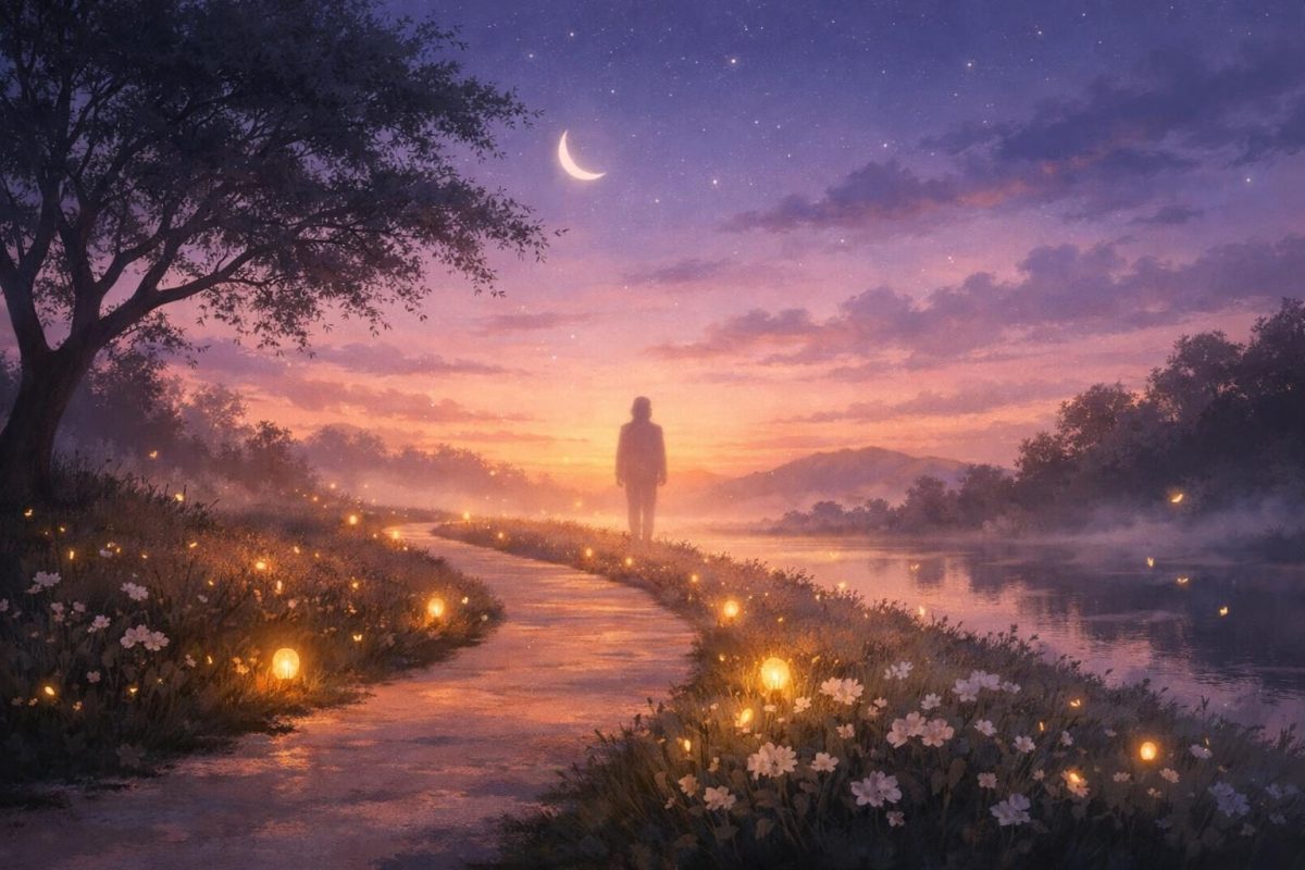 Symbolic dreamlike scene of a glowing path at twilight with the distant silhouette of a departed friend