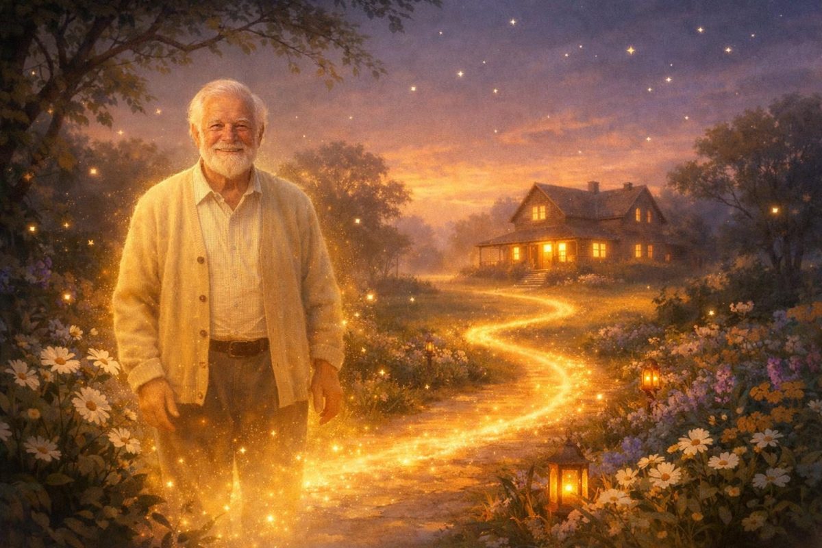 Symbolic illustration of a deceased grandfather appearing in a peaceful twilight garden with a glowing path and warm light