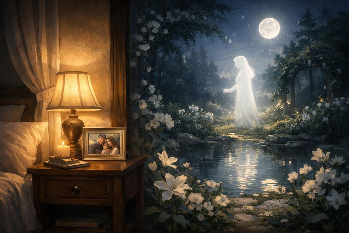 Symbolic illustration of a dream about a deceased mother appearing as a gentle glowing figure in a moonlit room and garden