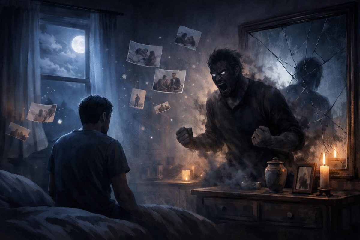 Symbolic illustration of a dreamer facing an angry deceased person in a twilight room filled with memory-like shadows