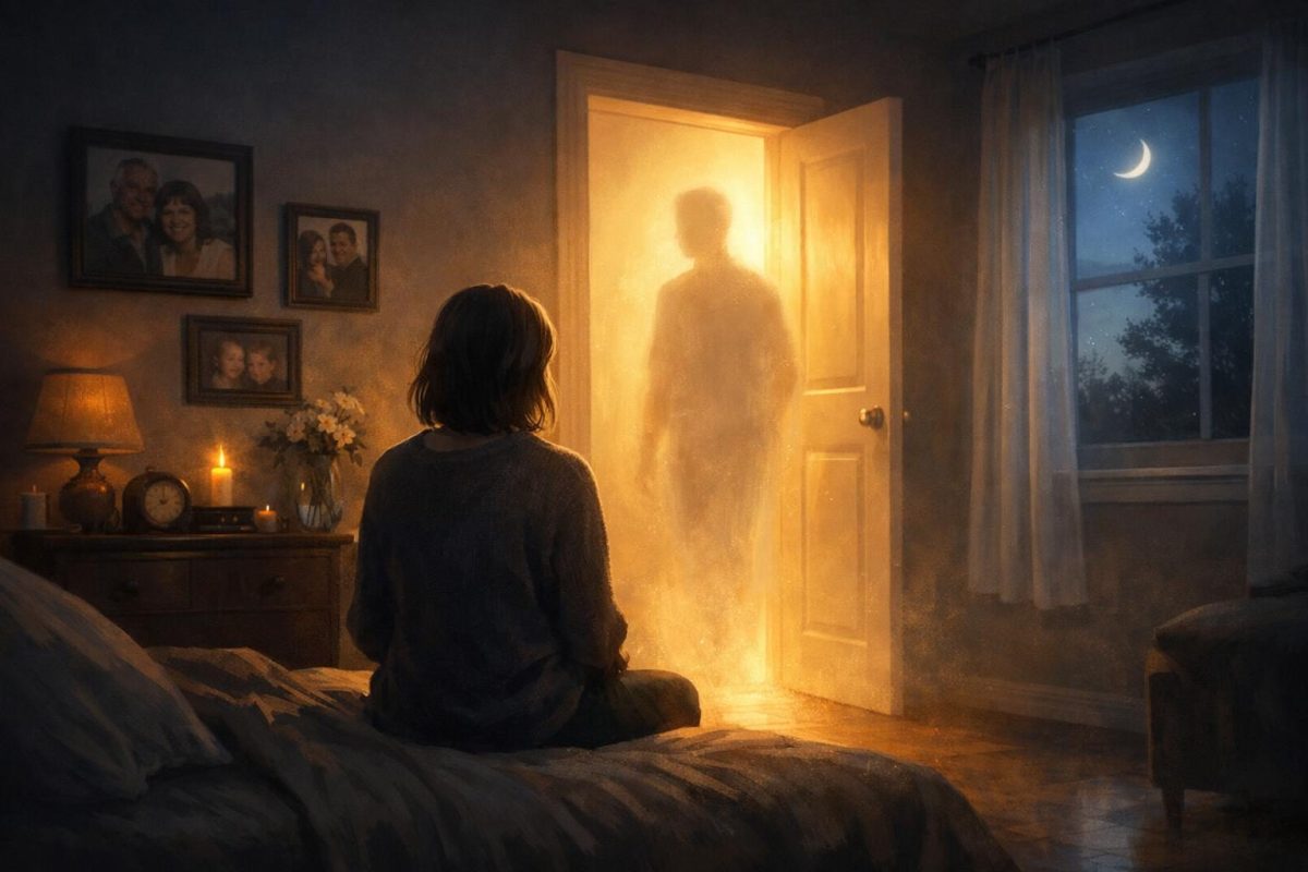 Symbolic illustration of a person sensing the comforting presence of a deceased loved one in a softly lit room