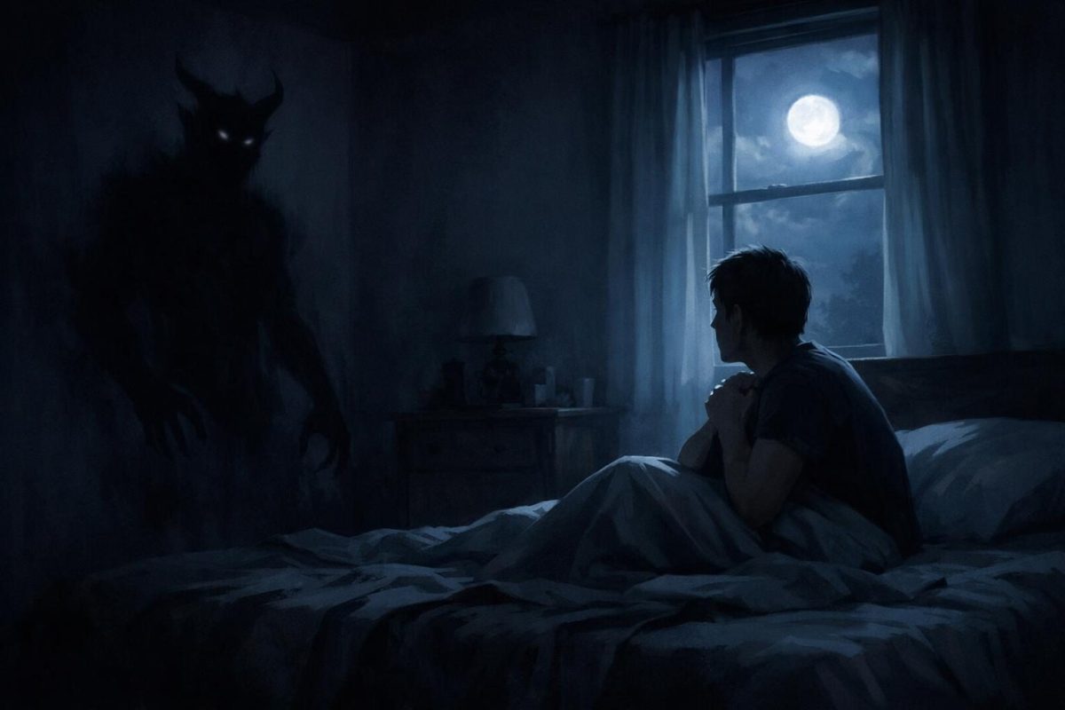 Symbolic illustration of a person in bed seeing a shadowy demon-like figure in their room at night