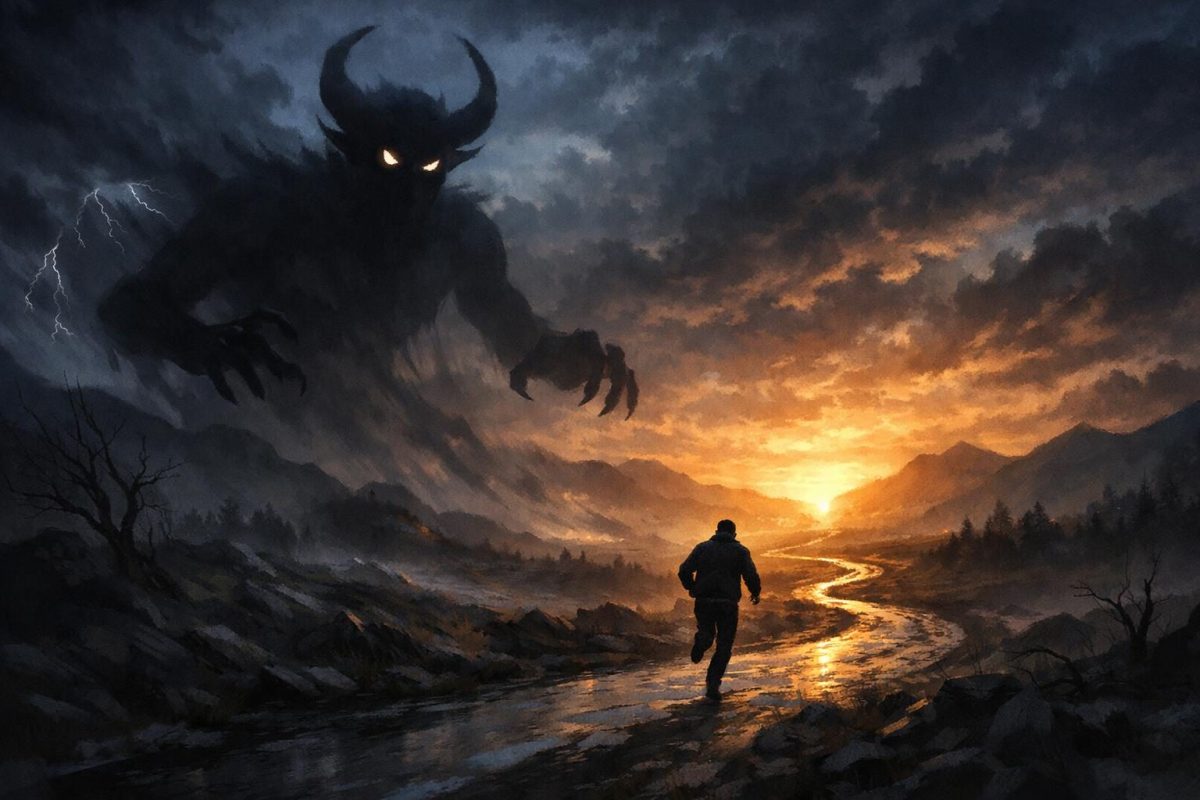 Symbolic illustration of a person being chased by a shadowy devil figure through a dark dreamlike landscape