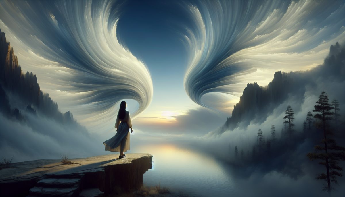 A person gazing at a sky with wings forming in the clouds, symbolizing freedom and discovery.
