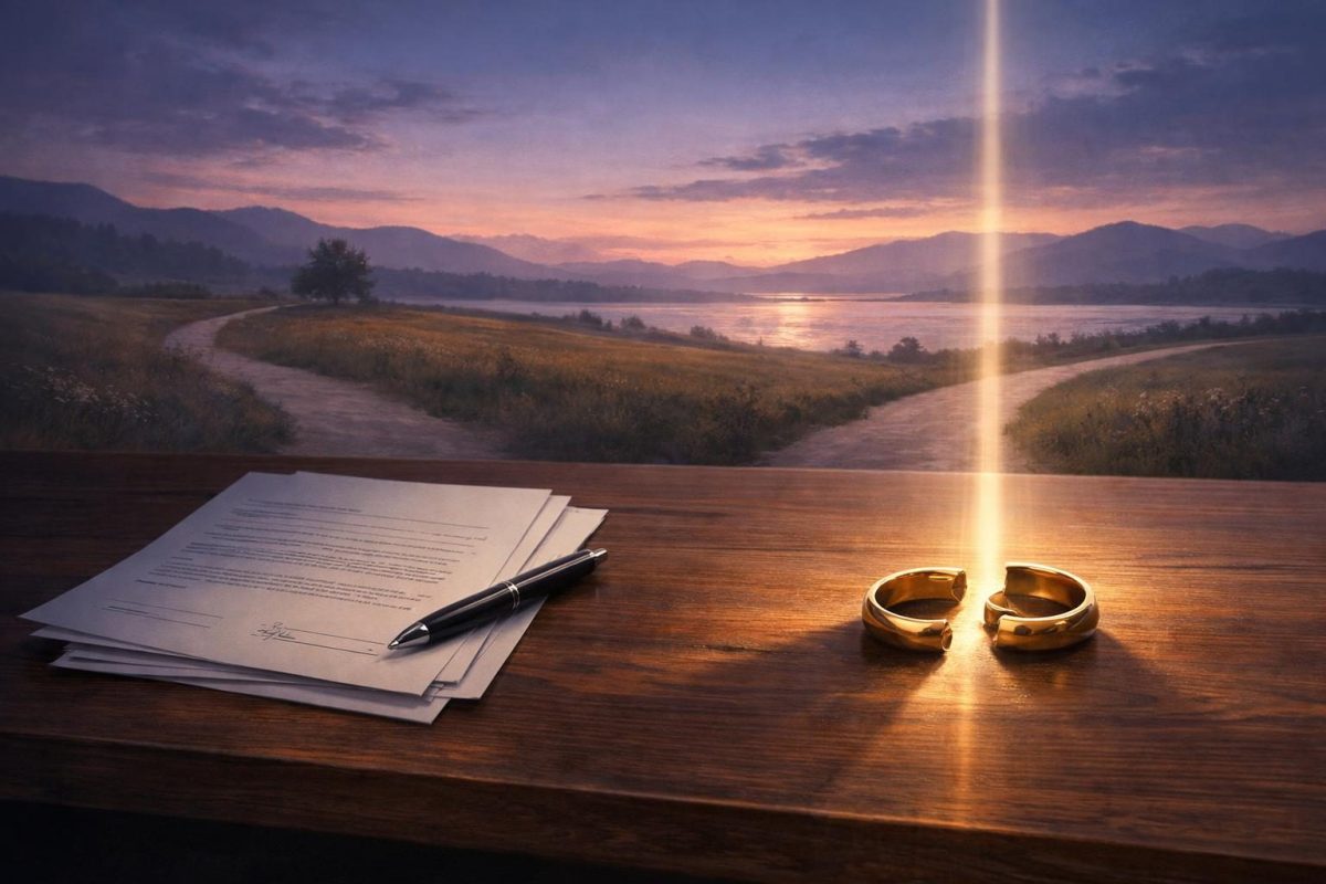 Symbolic illustration of divorce papers and a wedding ring with two paths separating under a calm twilight sky.