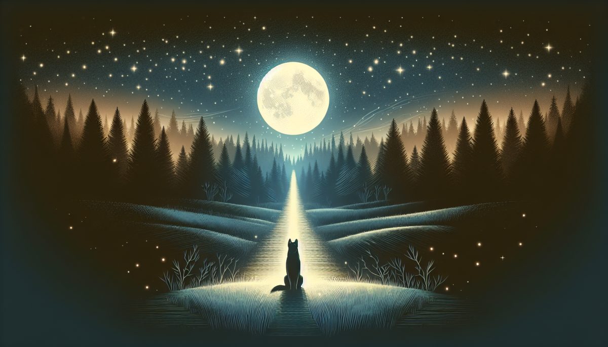 Symbolic illustration of a dog on a moonlit path representing loyalty, protection, and instinct in dreams