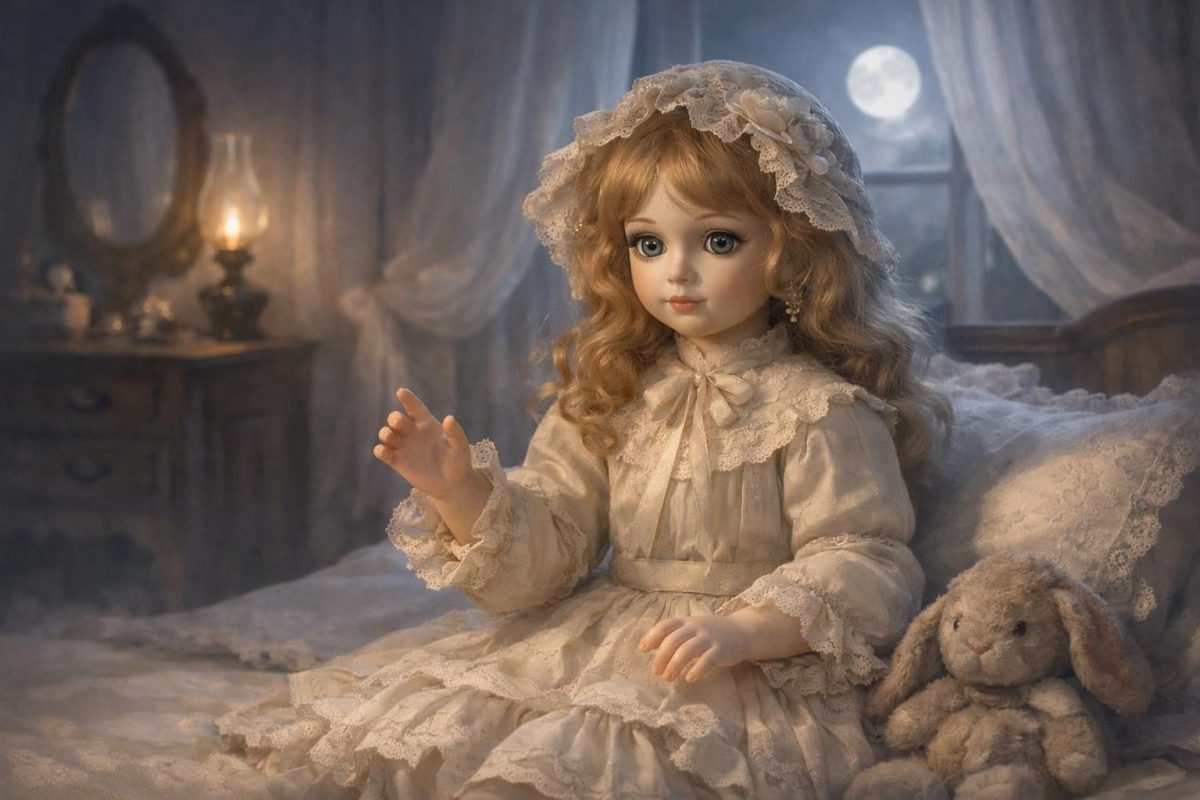 Symbolic illustration of a doll appearing to come to life in a moonlit room