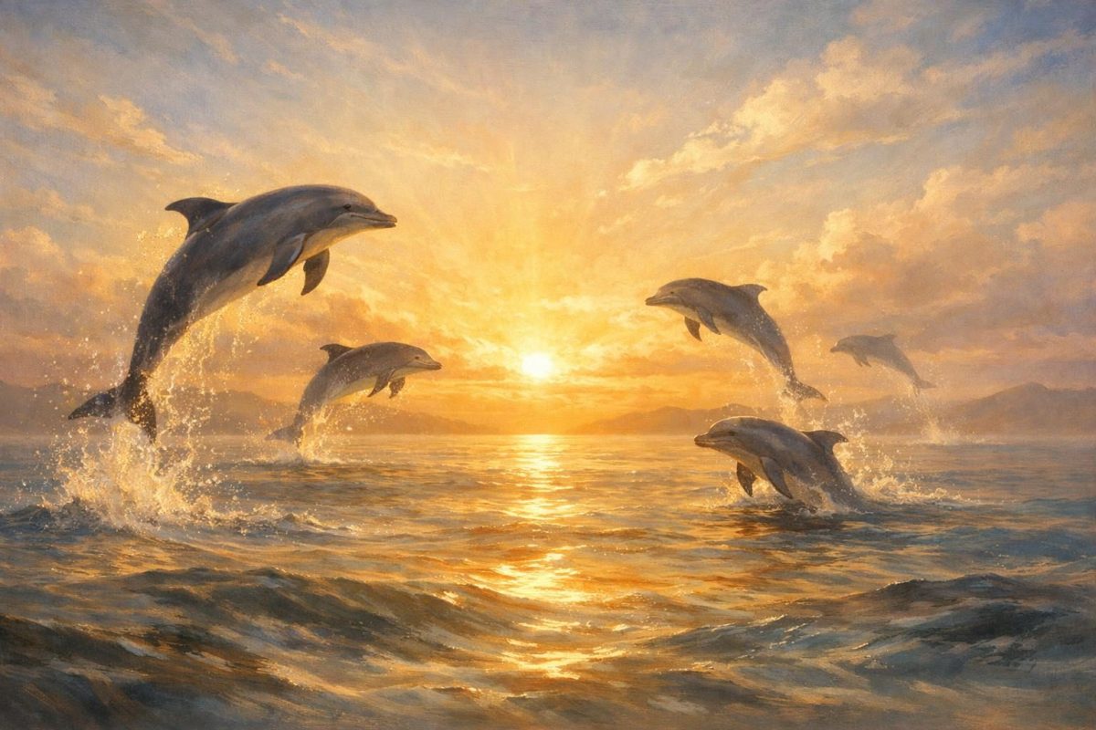 Symbolic illustration of dolphins jumping from the ocean at sunrise