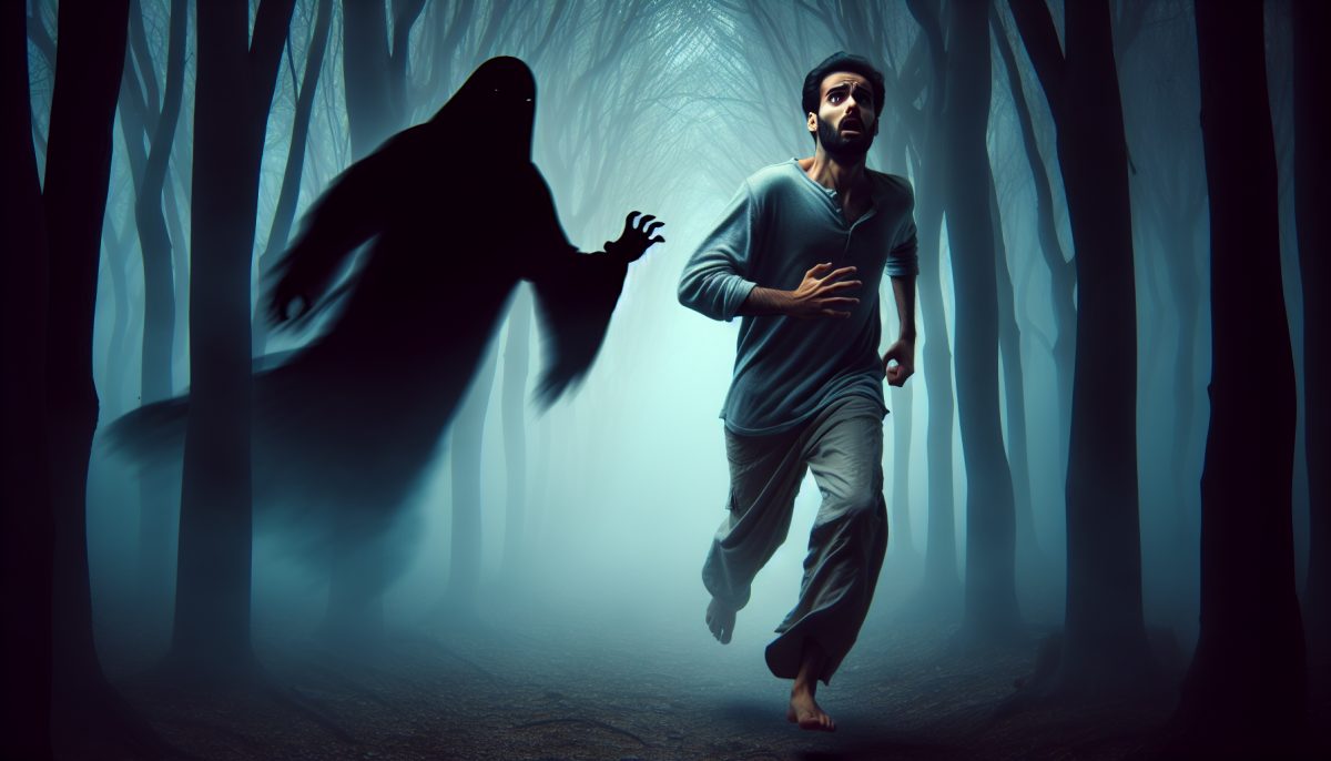 A shadowy figure chasing a person in a misty forest, symbolising fear and anxiety in dreams.