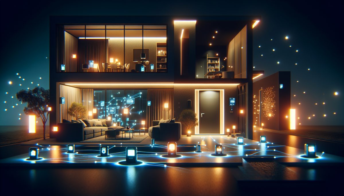 Symbolic illustration of a modern smart home at night with glowing devices and unsettling automated activity