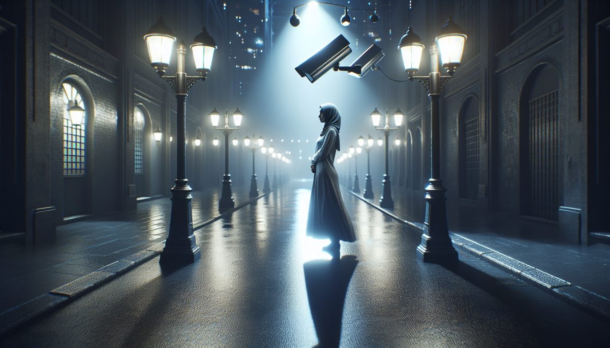 Symbolic illustration of a person under the gaze of several surveillance cameras in a quiet night scene