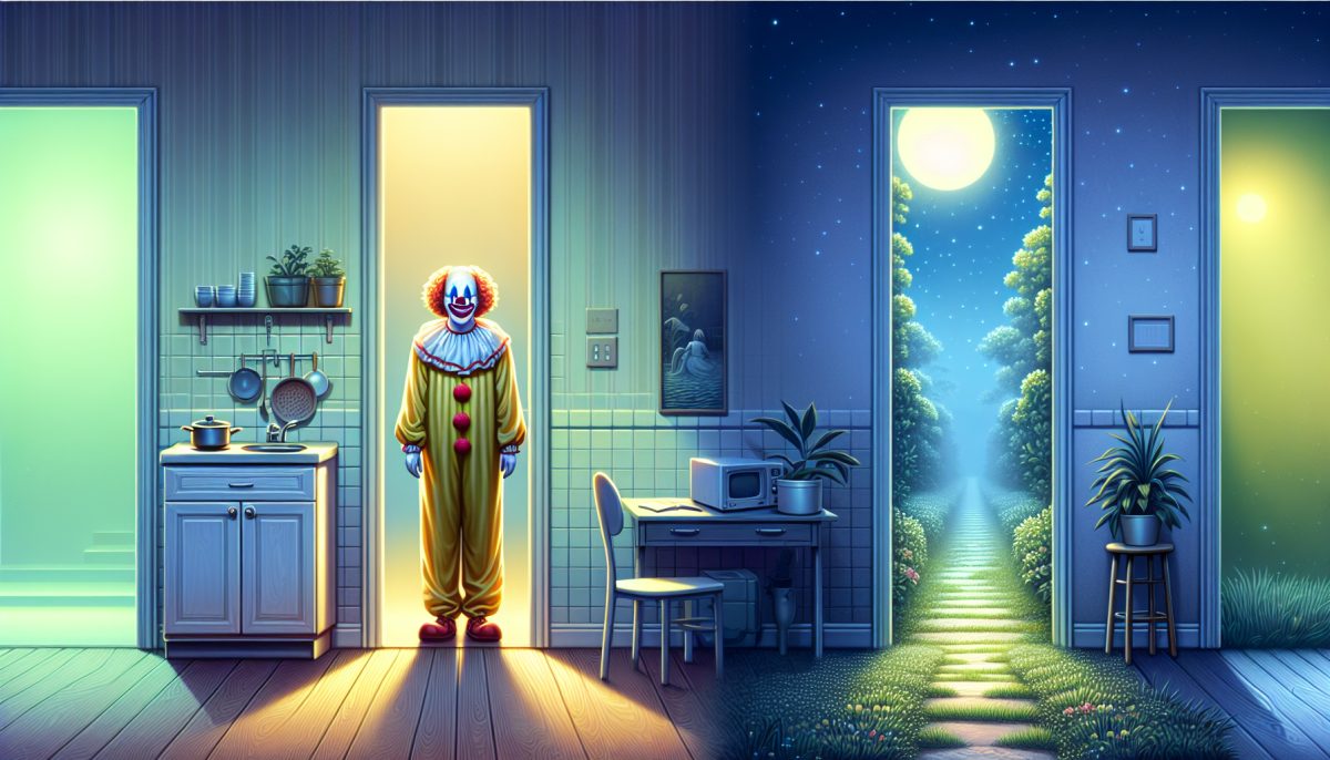 A symbolic dreamlike illustration of a clown appearing in ordinary places such as a home, hallway, and garden.