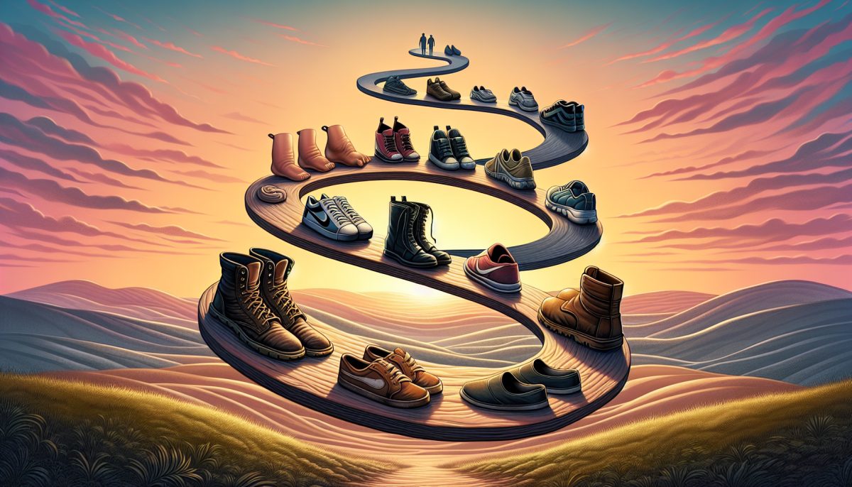 A variety of shoes on a winding path symbolizing life's journey and choices