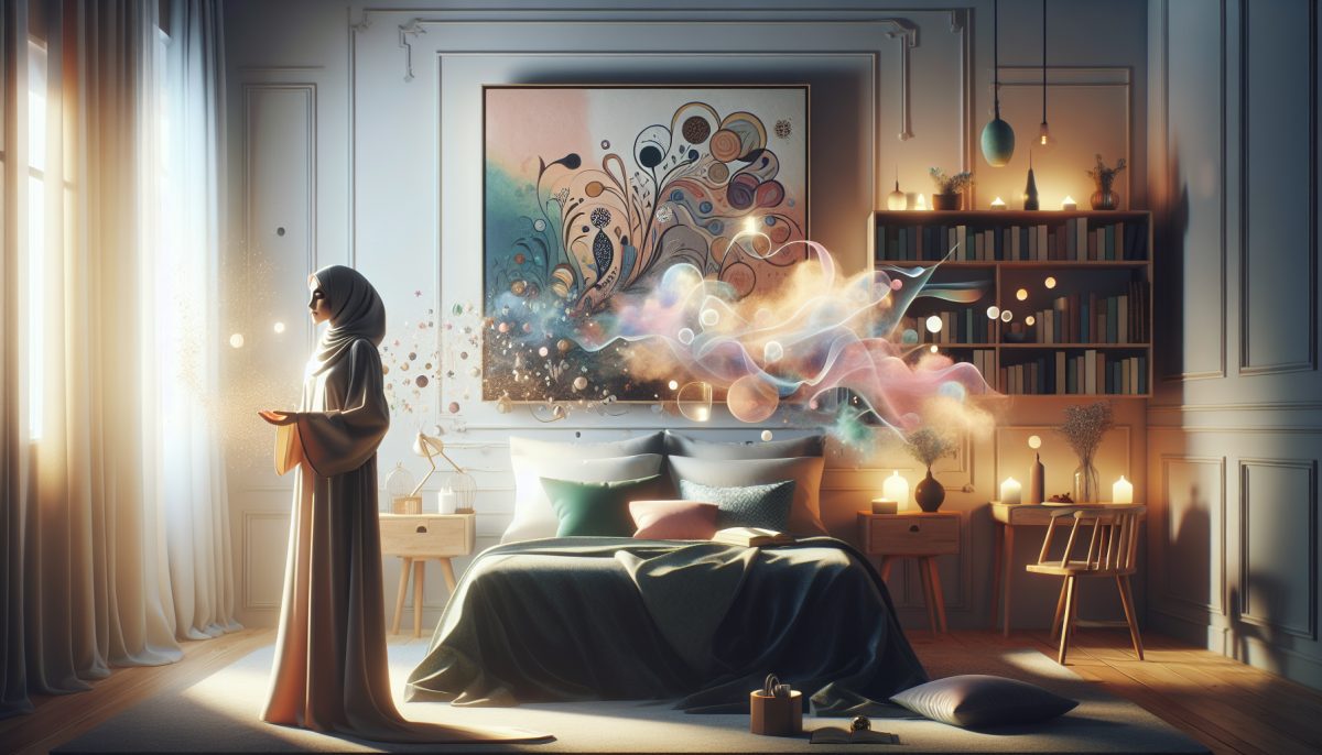 A serene bedroom scene symbolizing the dream state with soft light and ethereal elements