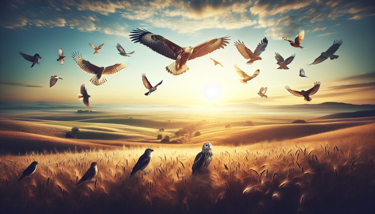 Birds flying across a glowing sky, symbolizing freedom, messages, and spiritual perspective in dreams.