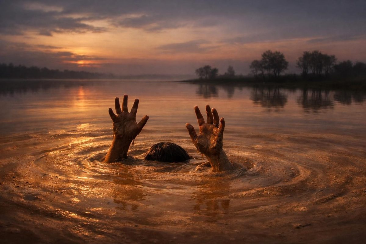 Symbolic illustration of a person sinking into quicksand at dusk with hands reaching upward in a surreal landscape.