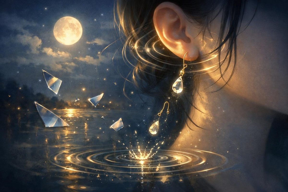Symbolic illustration of an earring falling out in a dreamy moonlit scene