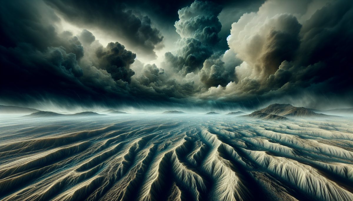 A cracked earth under a stormy sky, symbolising upheaval.