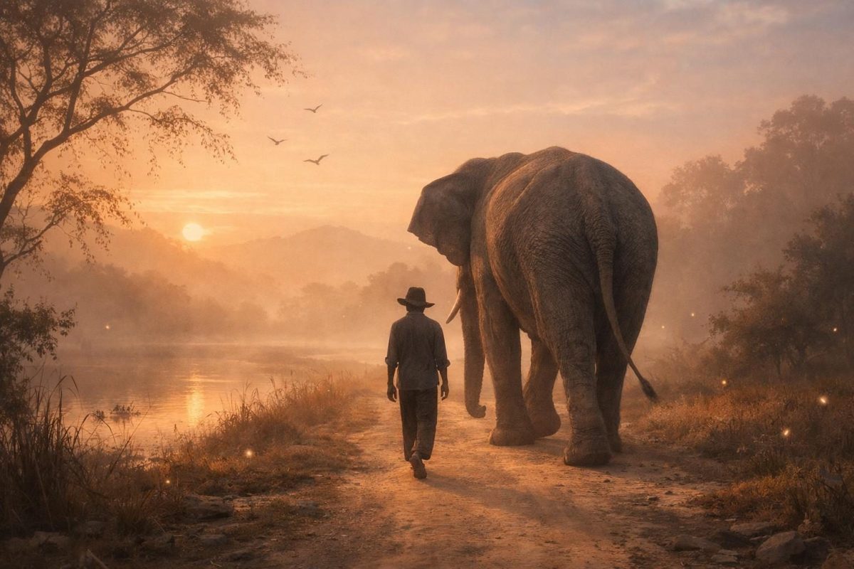 Symbolic illustration of a person walking beside a calm elephant on a peaceful path at dawn
