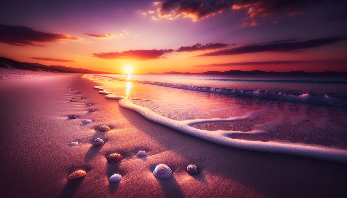A tranquil endless beach scene during sunset with soft waves and golden sand