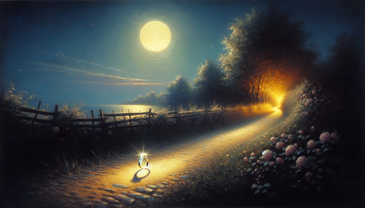 Symbolic illustration of a lost engagement ring on a moonlit path, representing commitment and uncertainty