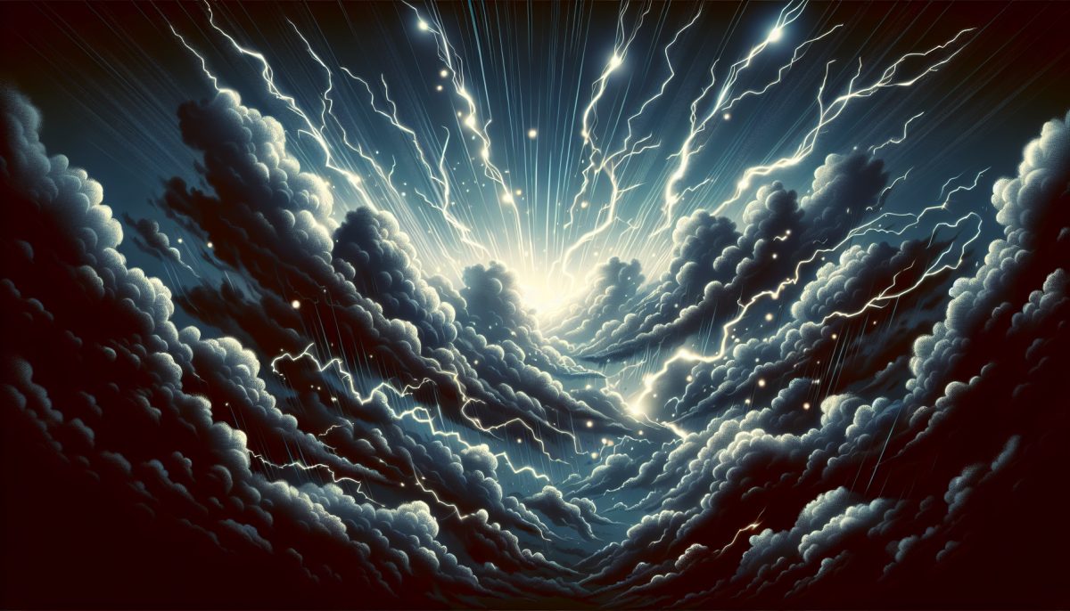A dreamlike eternal storm with dark clouds, lightning, heavy rain, and a dramatic sky, symbolising emotional turmoil and prolonged pressure.