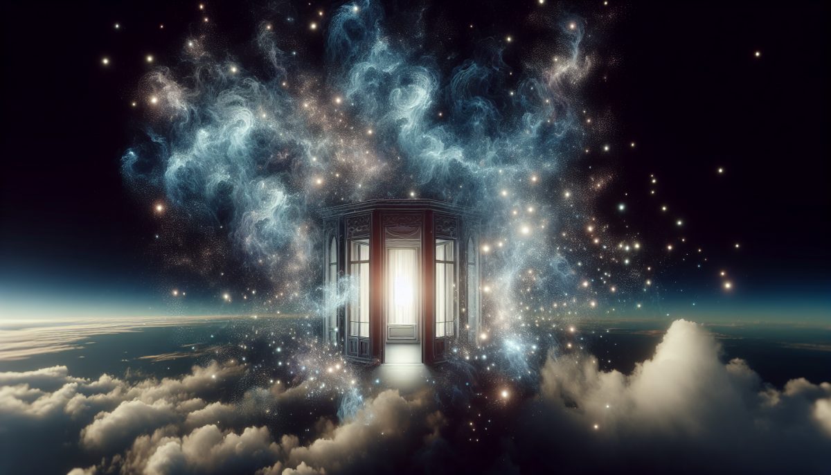 An ethereal room floating in space, surrounded by stars, symbolizing freedom and weightlessness.
