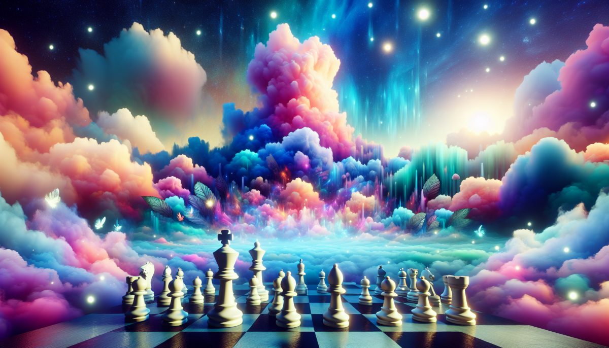 An imaginative giant chessboard in a dreamlike setting, featuring large chess pieces.